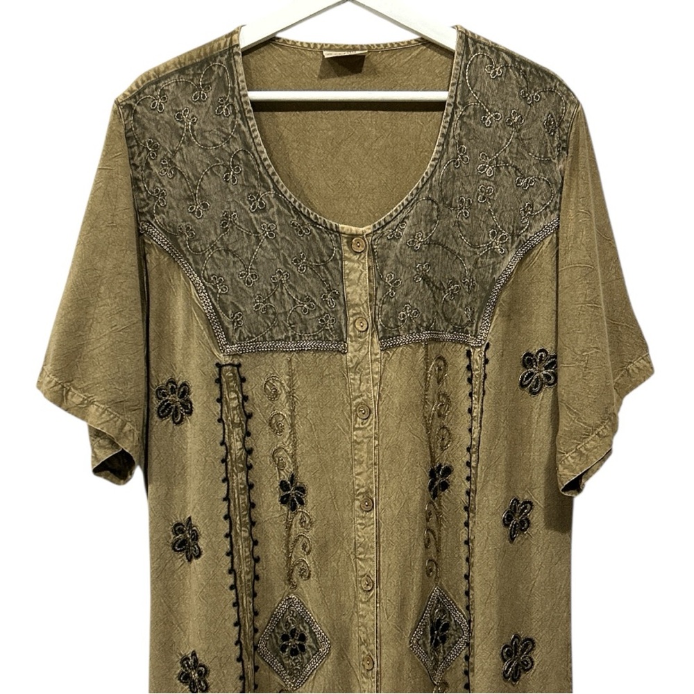 Magic Maxi Dress Button Front Embroidered Tan Green Flutter Sleeve One Size - Picture 3 of 11